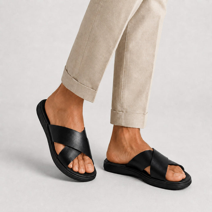 Mateo | Men’s Leather-Style Slides with Crossed Straps and Non-Slip Sole