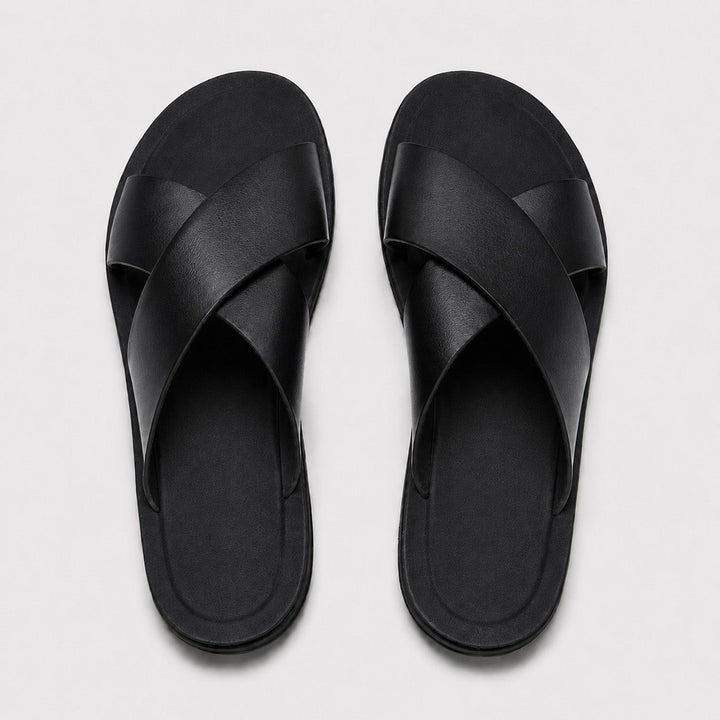 Mateo | Men’s Leather-Style Slides with Crossed Straps and Non-Slip Sole