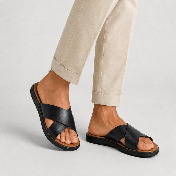 Mateo | Men’s Leather-Style Slides with Crossed Straps and Non-Slip Sole