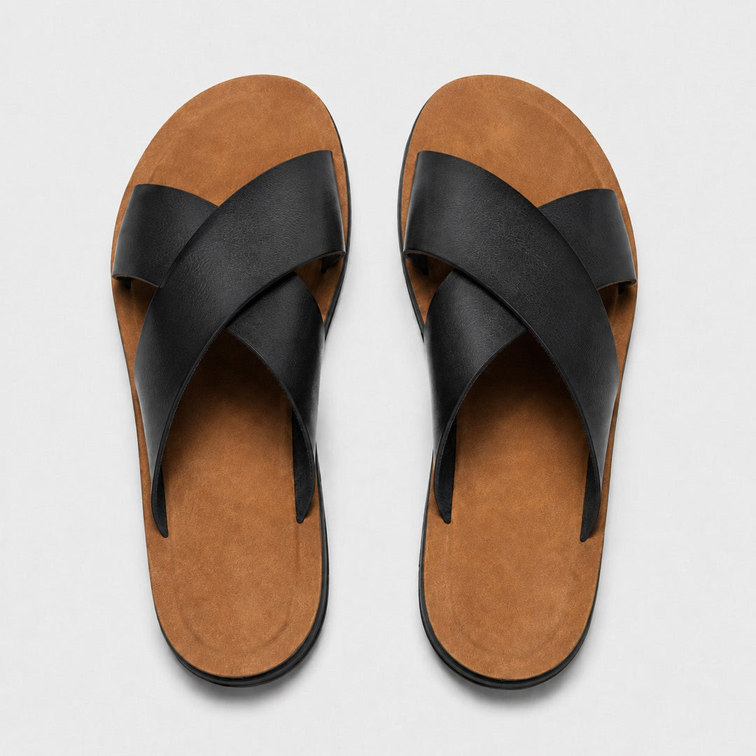 Mateo | Men’s Leather-Style Slides with Crossed Straps and Non-Slip Sole
