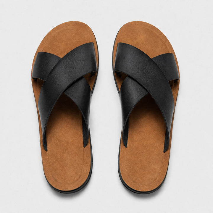 Mateo | Men’s Leather-Style Slides with Crossed Straps and Non-Slip Sole