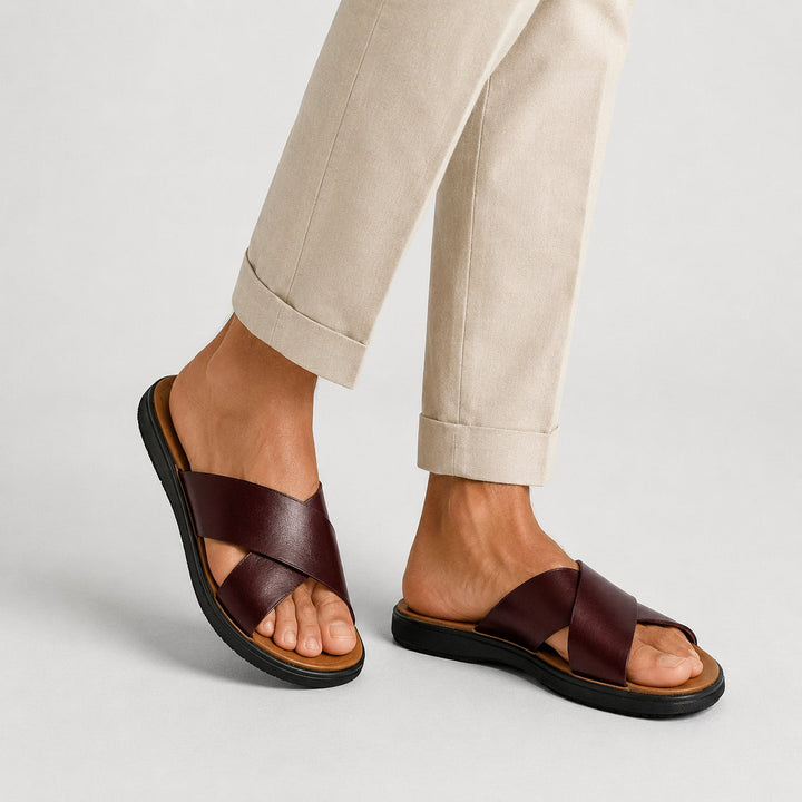 Mateo | Men’s Leather-Style Slides with Crossed Straps and Non-Slip Sole