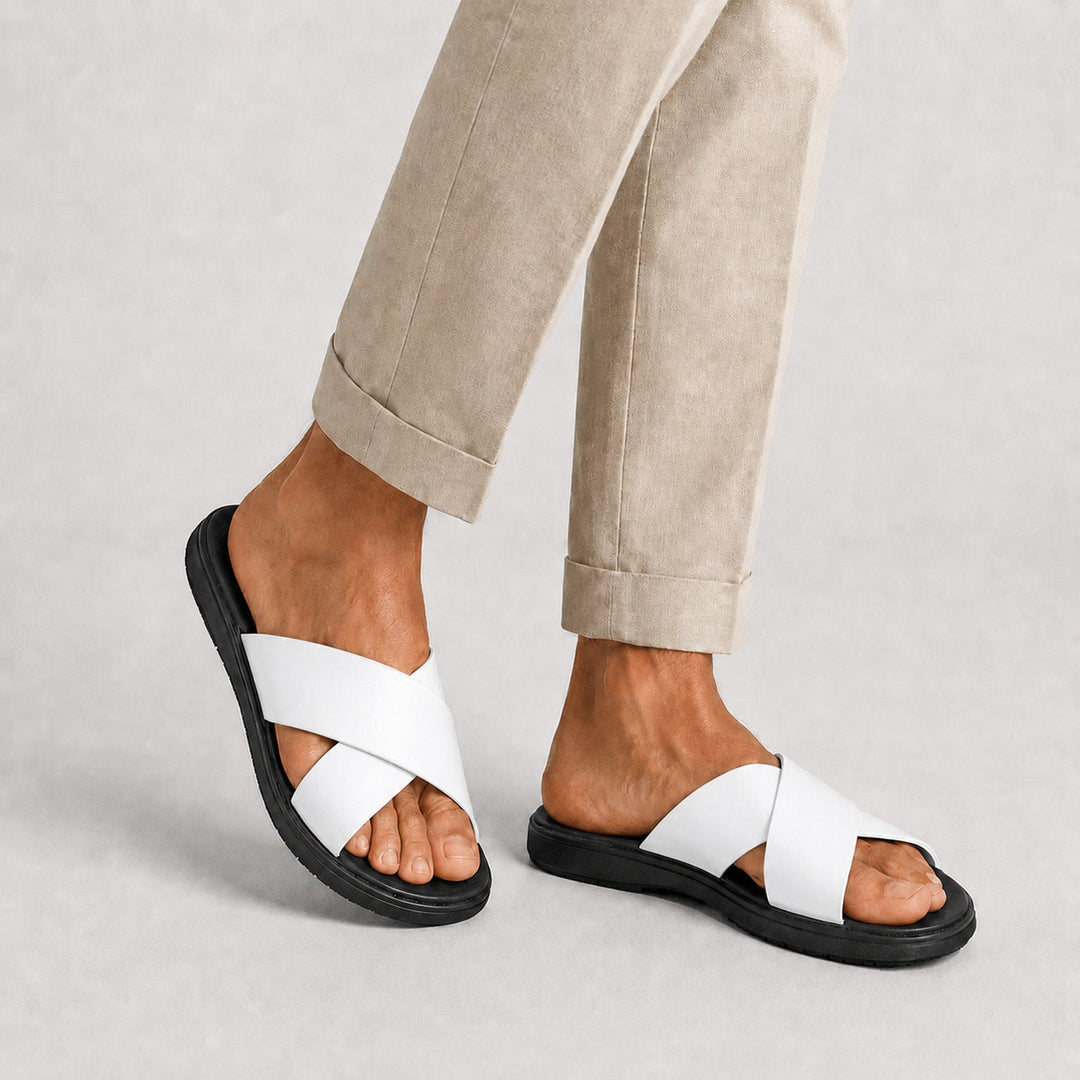 Mateo | Men’s Leather-Style Slides with Crossed Straps and Non-Slip Sole