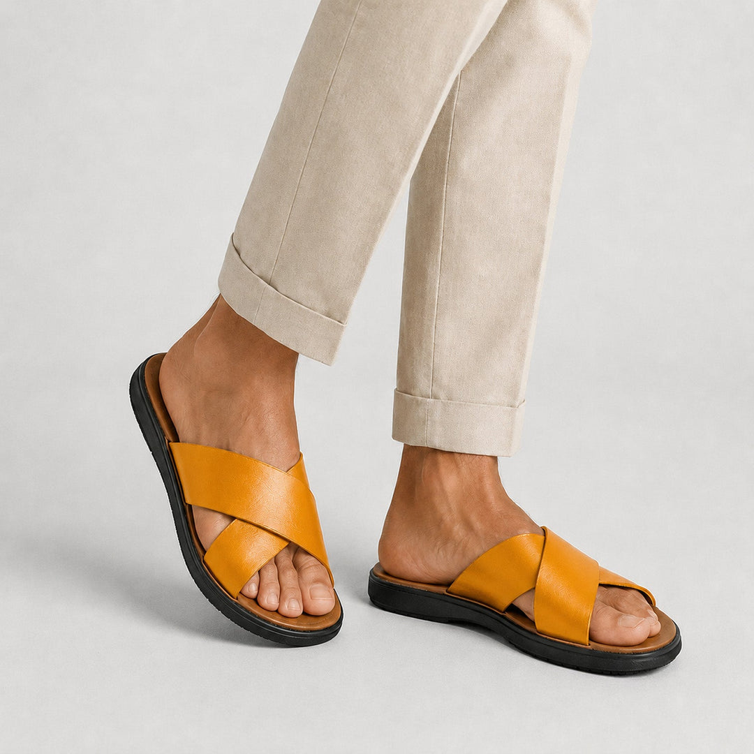 Mateo | Men’s Leather-Style Slides with Crossed Straps and Non-Slip Sole
