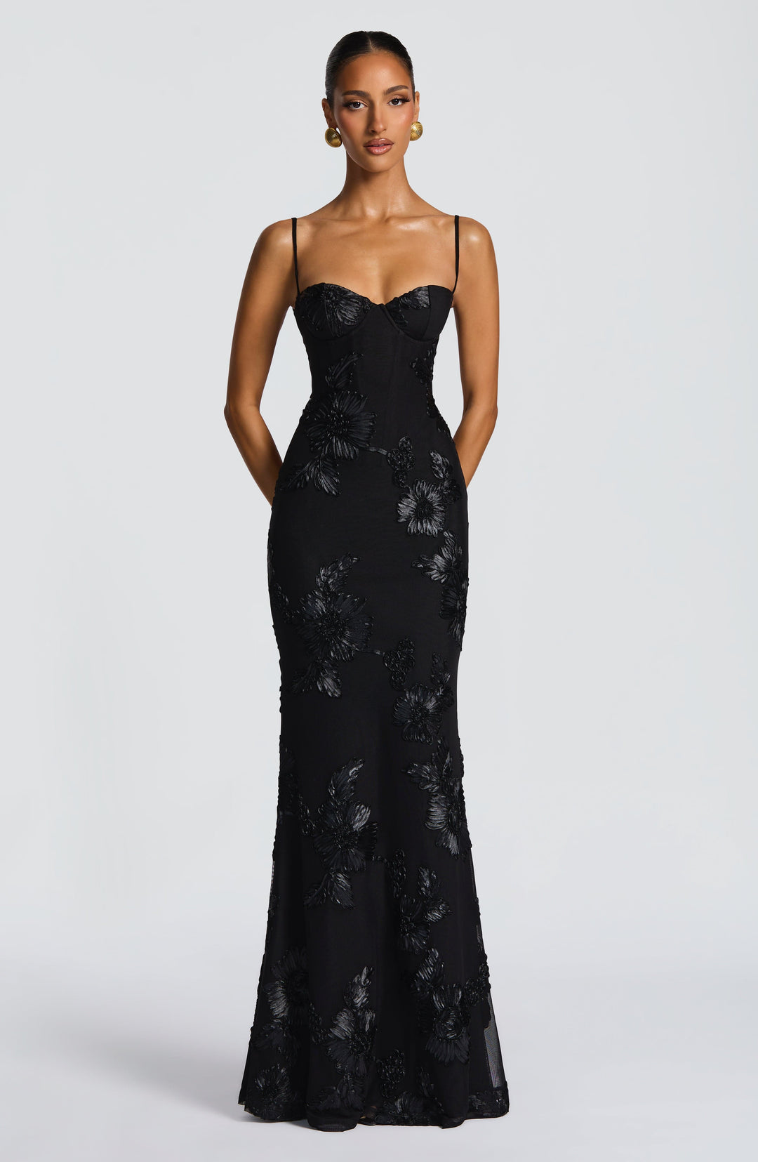 Women's Spaghetti Strap Floral Appliqué Fitted Fishtail Maxi Dress
