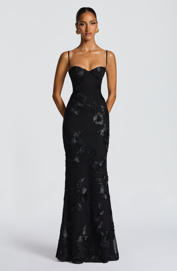Women's Spaghetti Strap Floral Appliqué Fitted Fishtail Maxi Dress