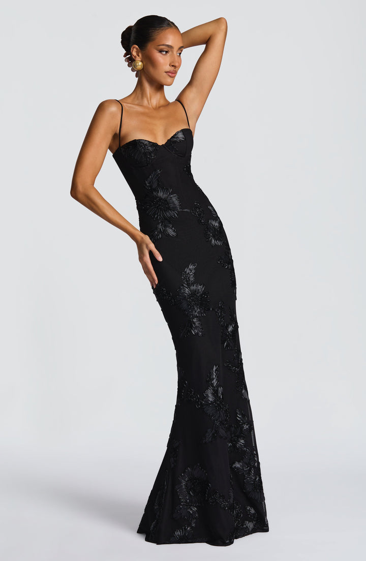 Women's Spaghetti Strap Floral Appliqué Fitted Fishtail Maxi Dress
