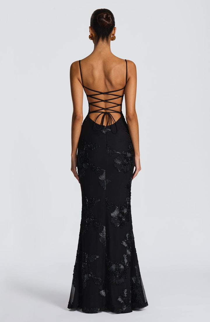 Women's Spaghetti Strap Floral Appliqué Fitted Fishtail Maxi Dress