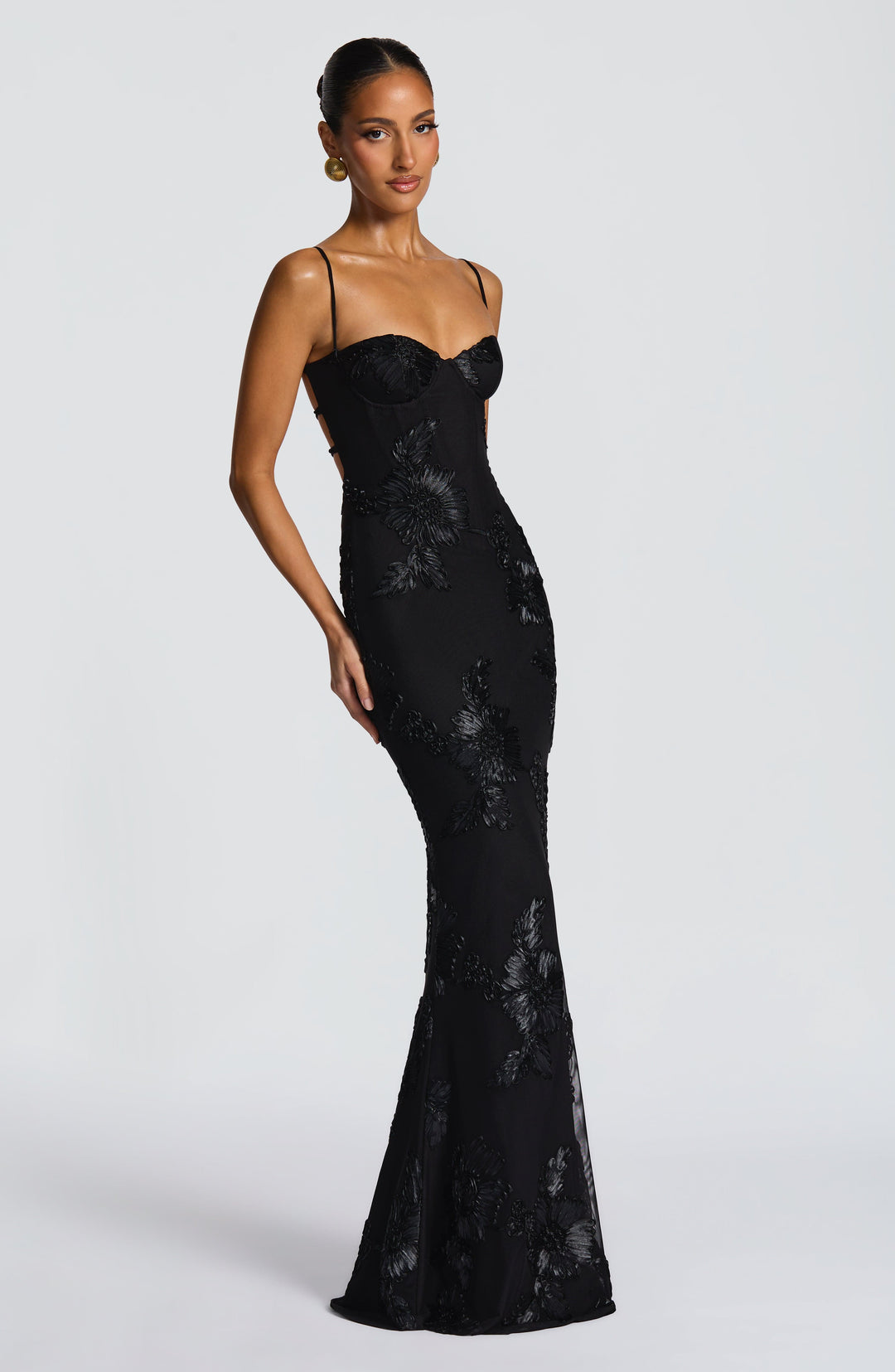 Women's Spaghetti Strap Floral Appliqué Fitted Fishtail Maxi Dress