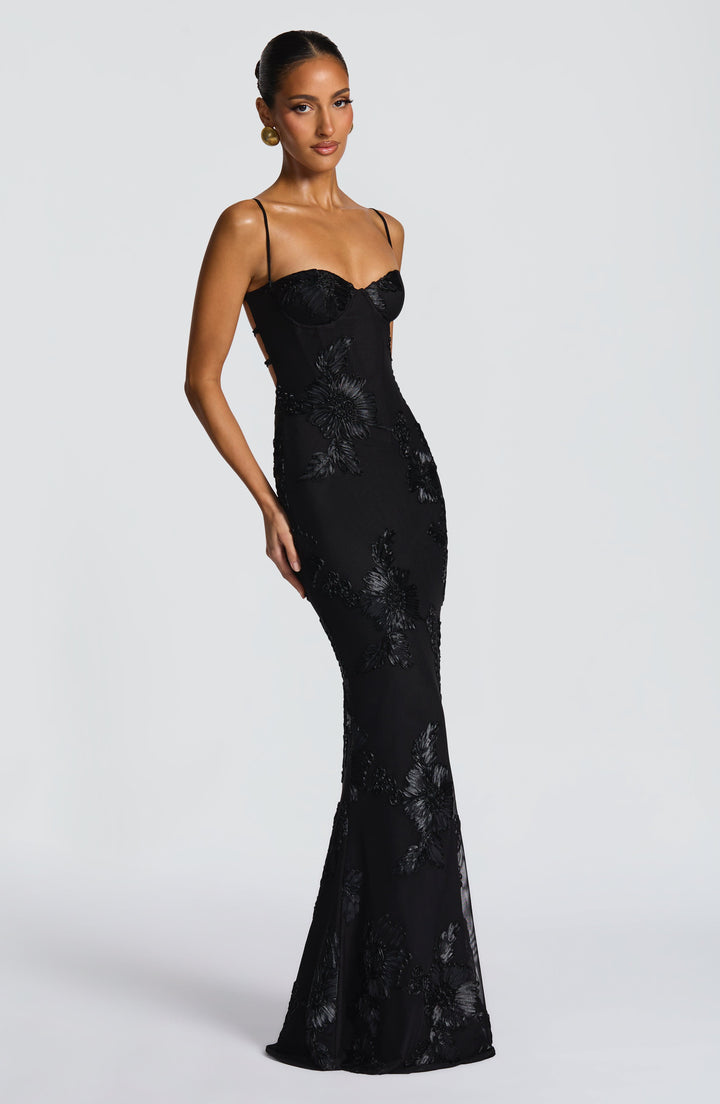 Women's Spaghetti Strap Floral Appliqué Fitted Fishtail Maxi Dress
