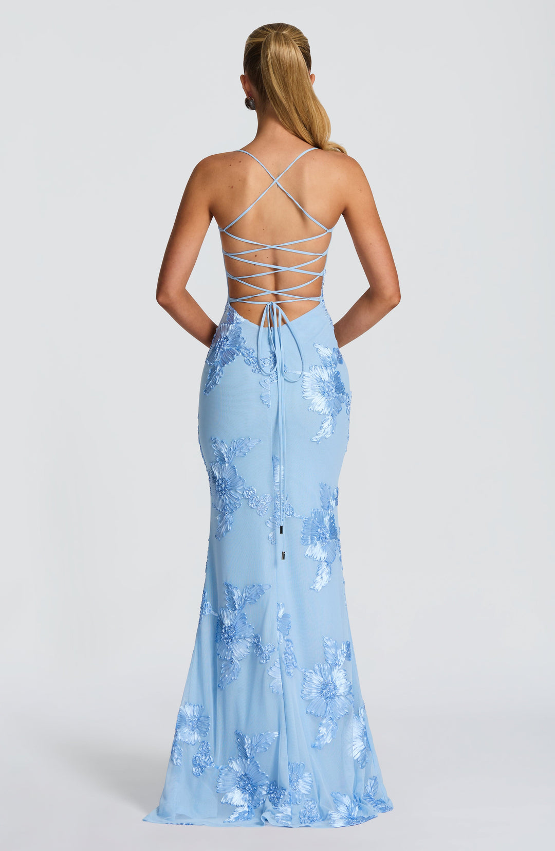 Women's Spaghetti Strap Floral Appliqué Fitted Fishtail Maxi Dress