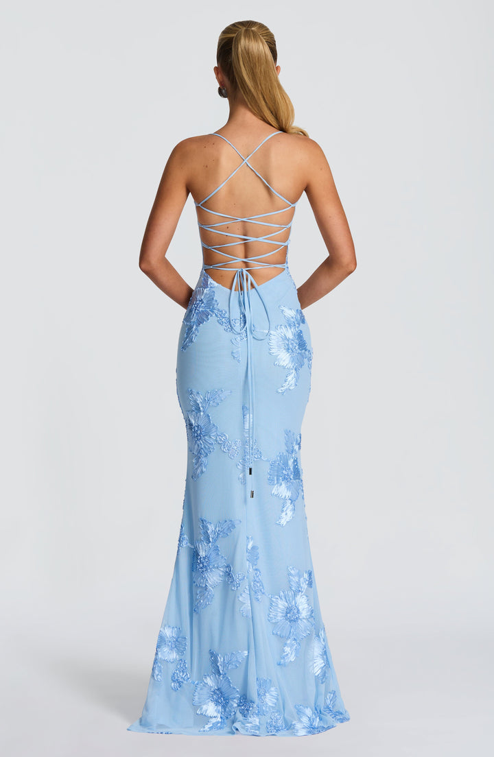 Women's Spaghetti Strap Floral Appliqué Fitted Fishtail Maxi Dress
