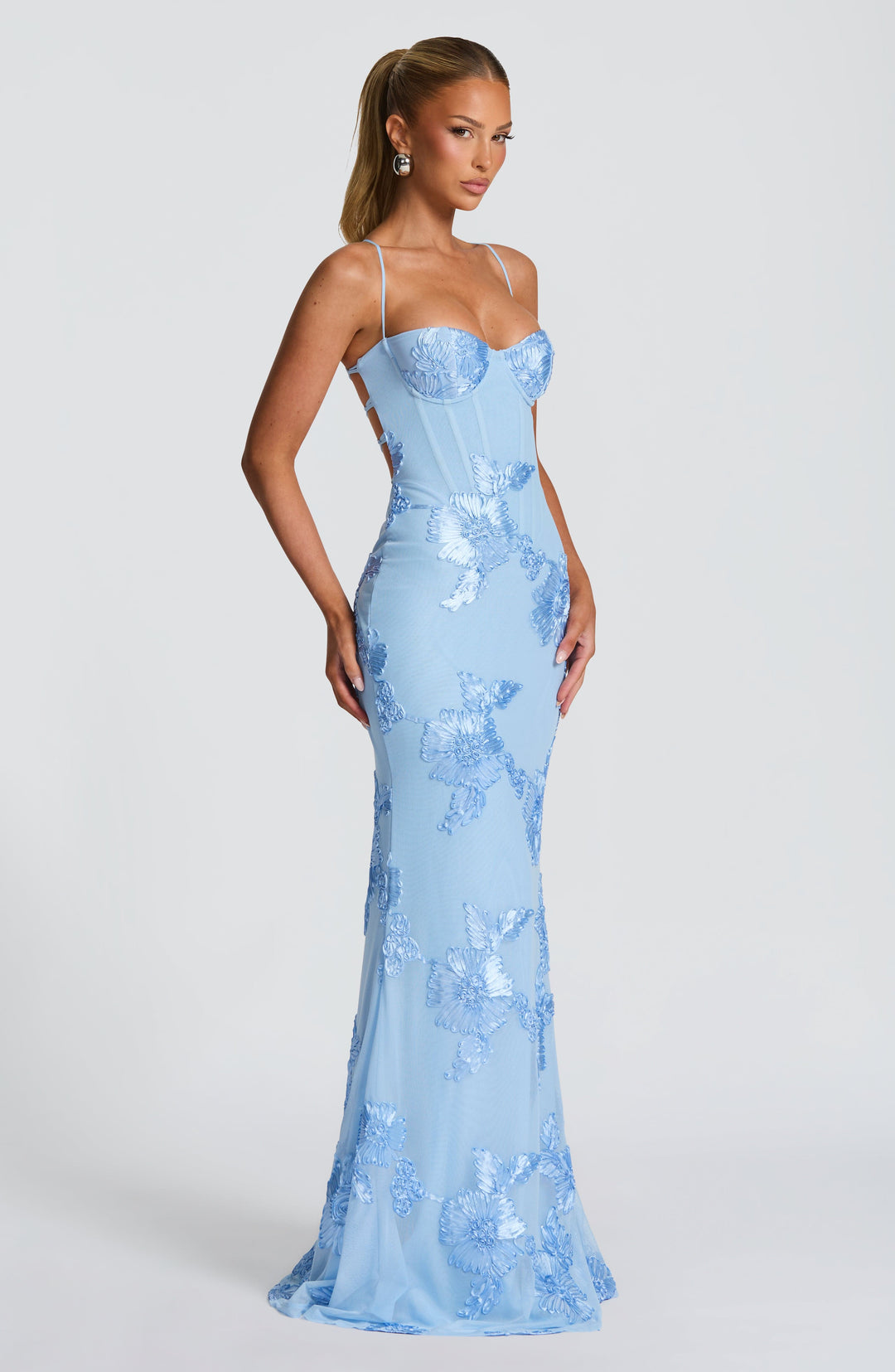 Women's Spaghetti Strap Floral Appliqué Fitted Fishtail Maxi Dress