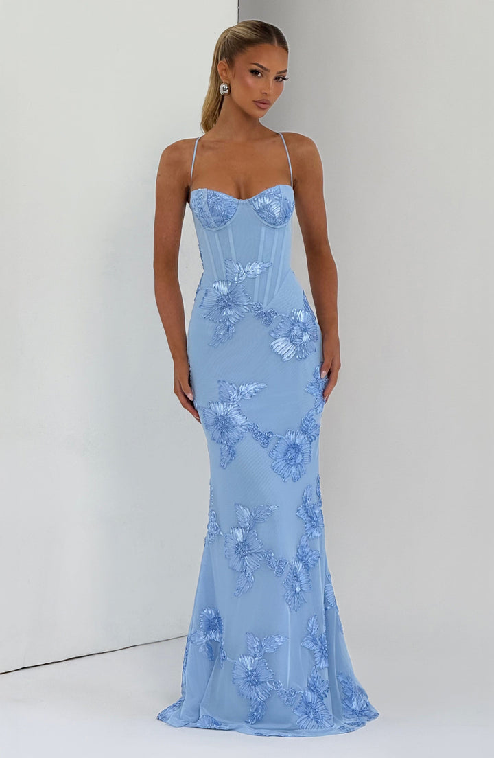 Women's Spaghetti Strap Floral Appliqué Fitted Fishtail Maxi Dress