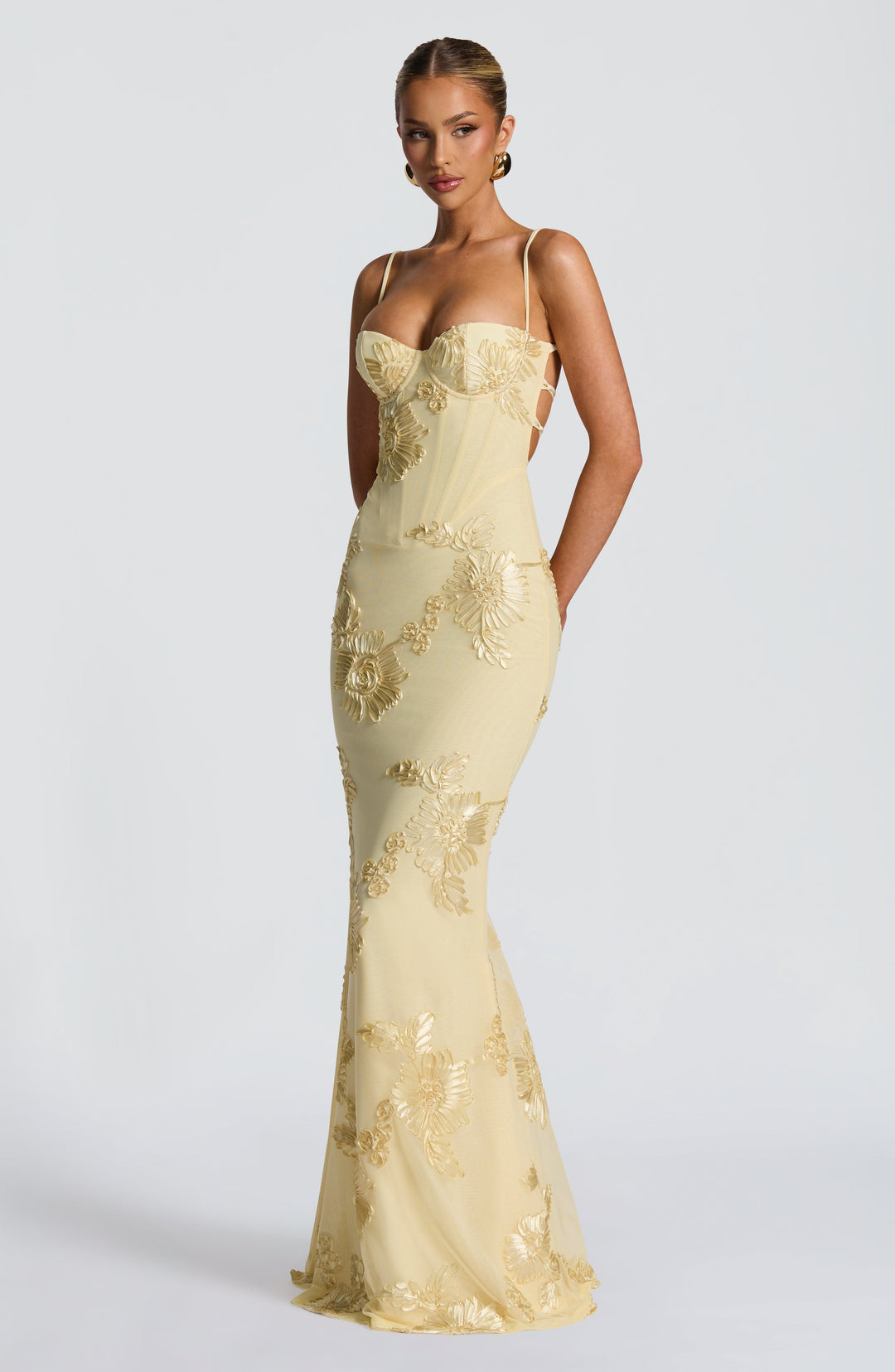 Women's Spaghetti Strap Floral Appliqué Fitted Fishtail Maxi Dress