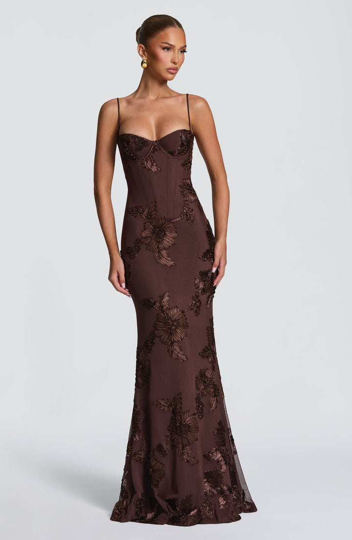 Women's Spaghetti Strap Floral Appliqué Fitted Fishtail Maxi Dress