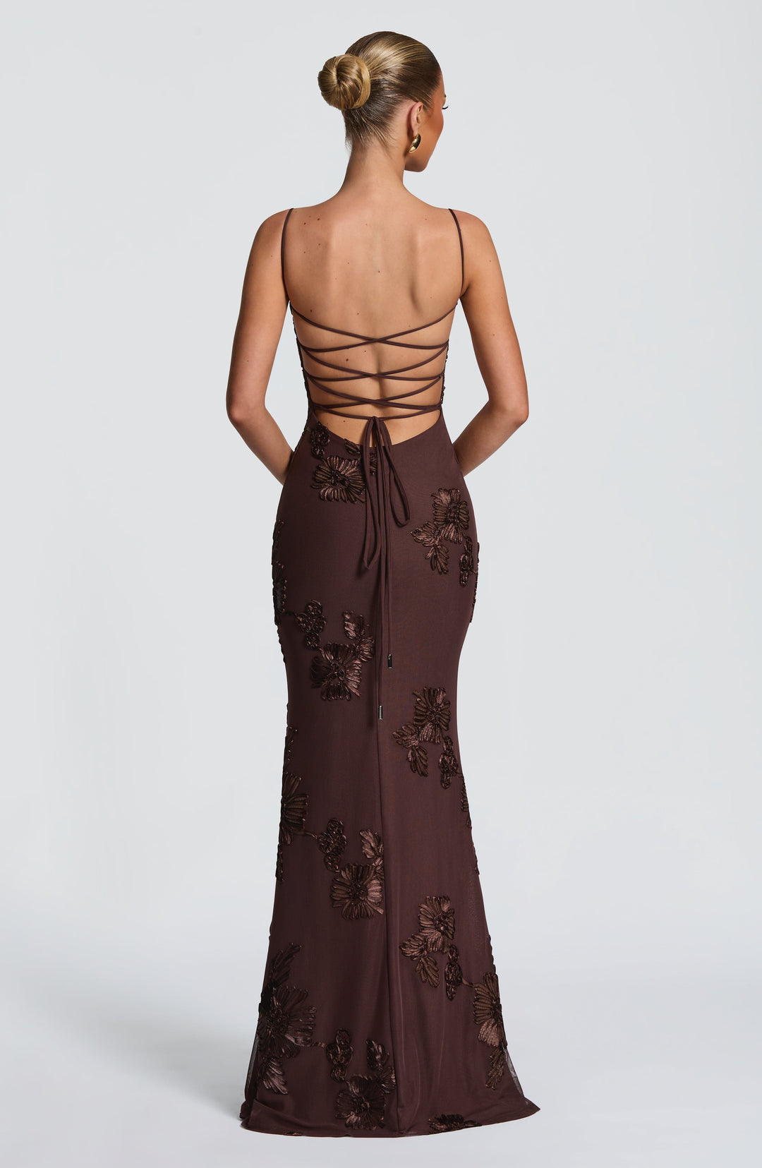 Women's Spaghetti Strap Floral Appliqué Fitted Fishtail Maxi Dress