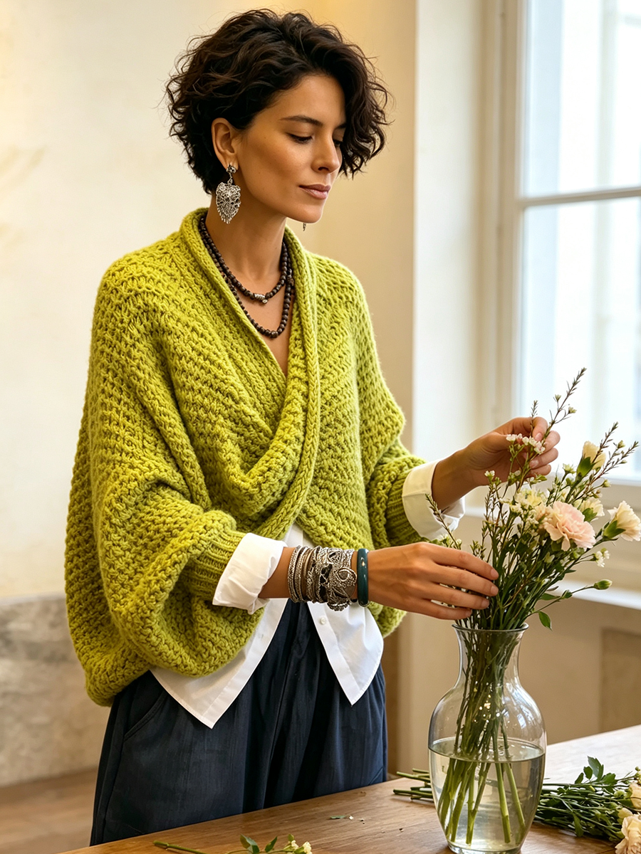 Damski sweter kopertowy z rękawami nietoperz na modelce