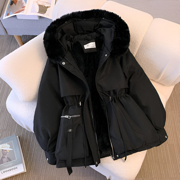 Women's Winter Jacket with Hood, Faux Fur, and Waist Tie | Down Jacket