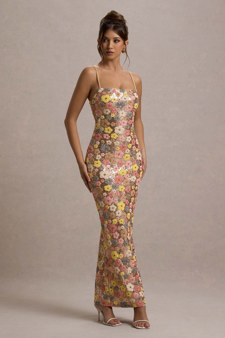Women's sleeveless dress with floral pattern and square neckline | Long