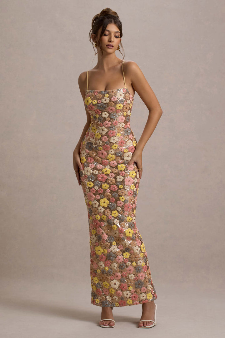 Women's Floral Pattern Fitted Maxi Dress with Straps | Square Neckline