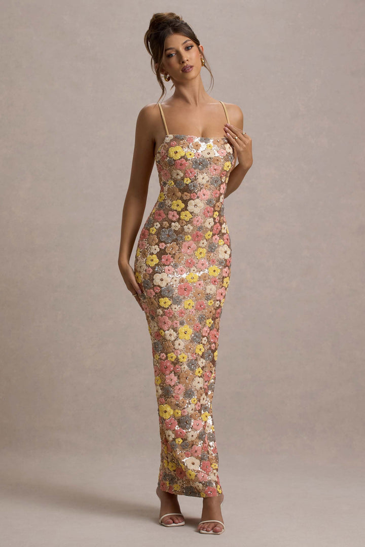 Women's Floral Pattern Fitted Maxi Dress with Straps | Square Neckline
