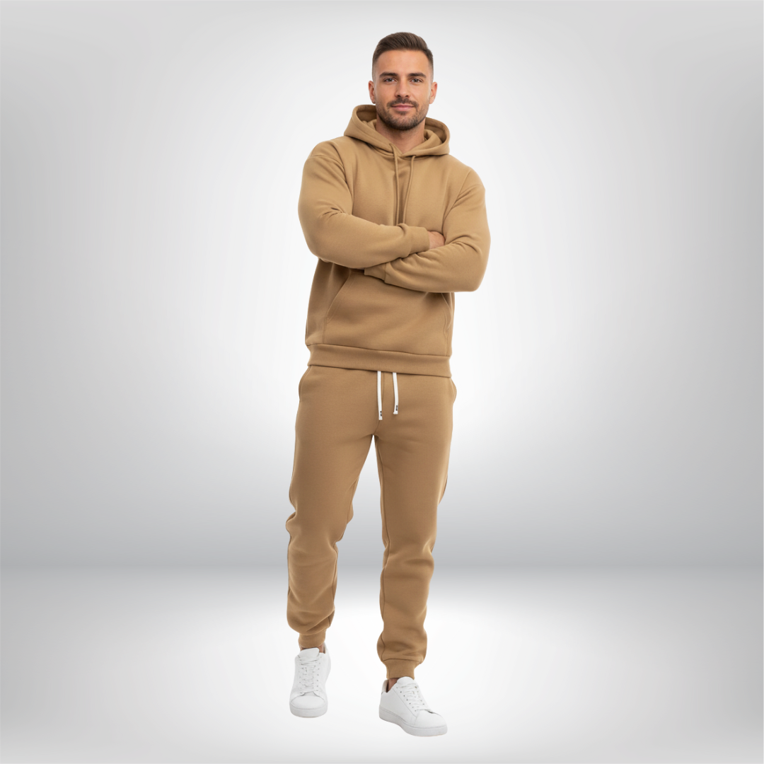 Męskie dresy komplet w kolorze beżowym sportowy styl z bluzą z kapturem i spodnie dresowe idealne na co dzień
