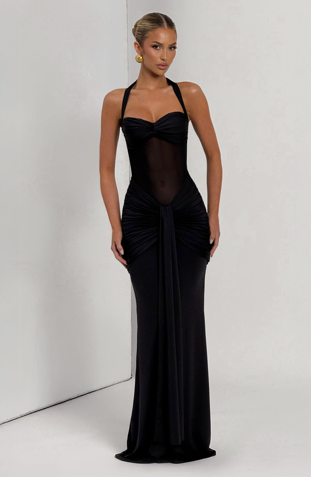 Women's Halter Ruched Draped Front Fitted Dress | Maxi