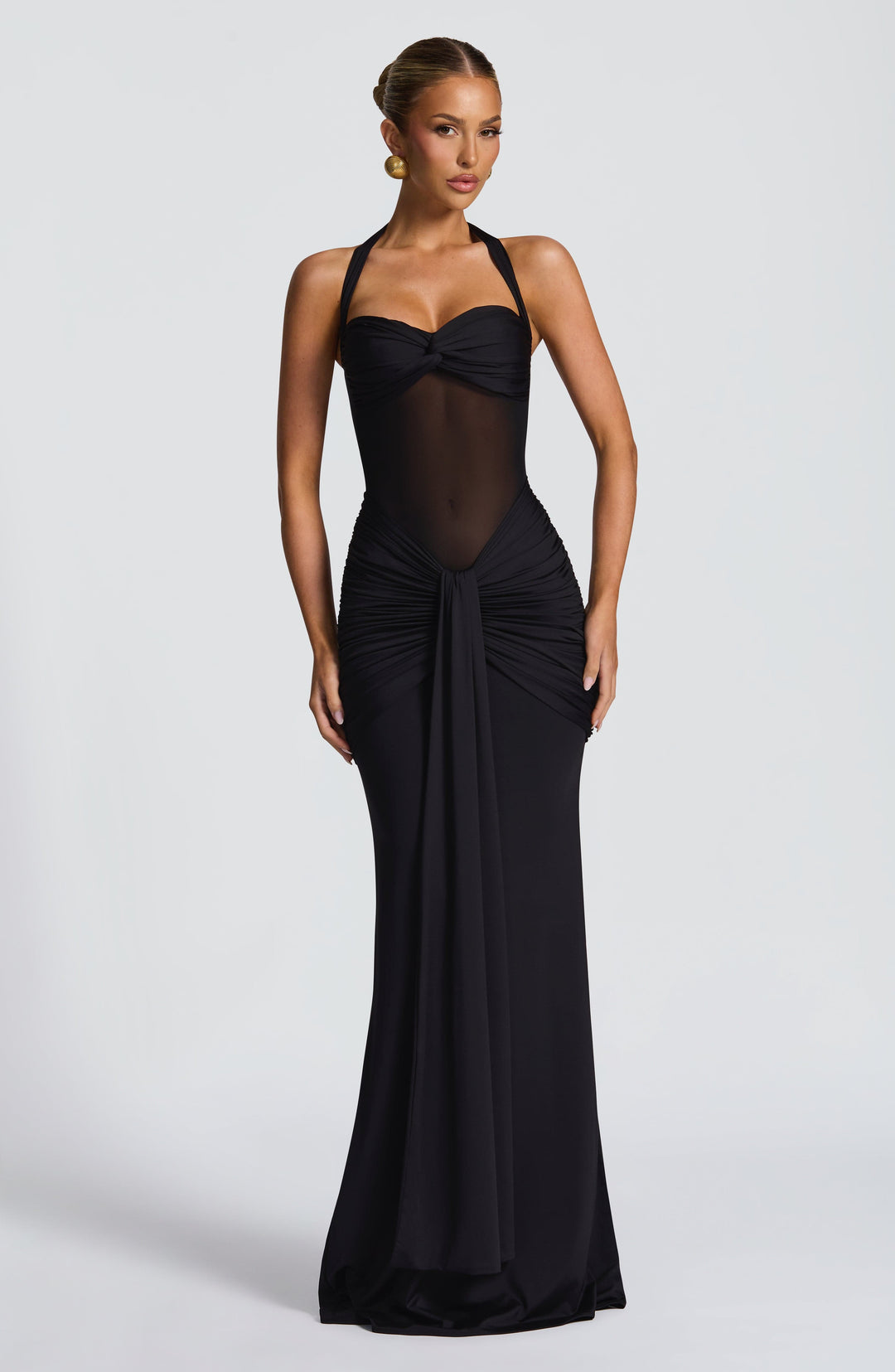 Women's Maxi Dress with Transparent Panel | Fitted with Draping and Neck Tie