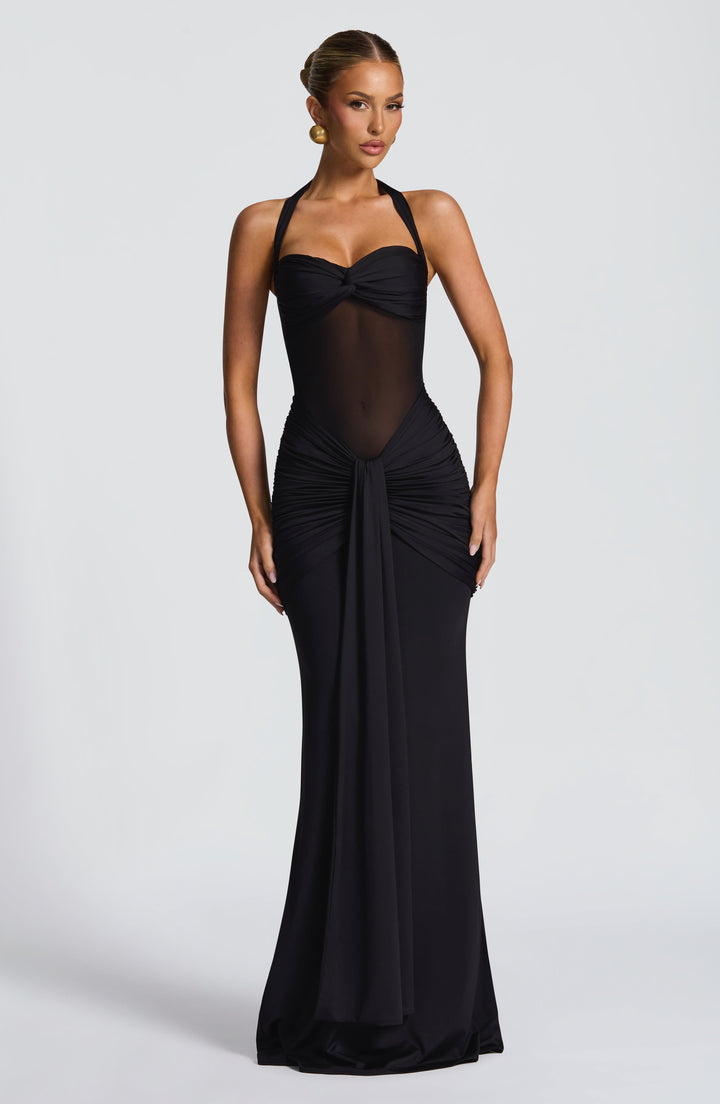Women's Halter Ruched Draped Front Fitted Dress | Maxi