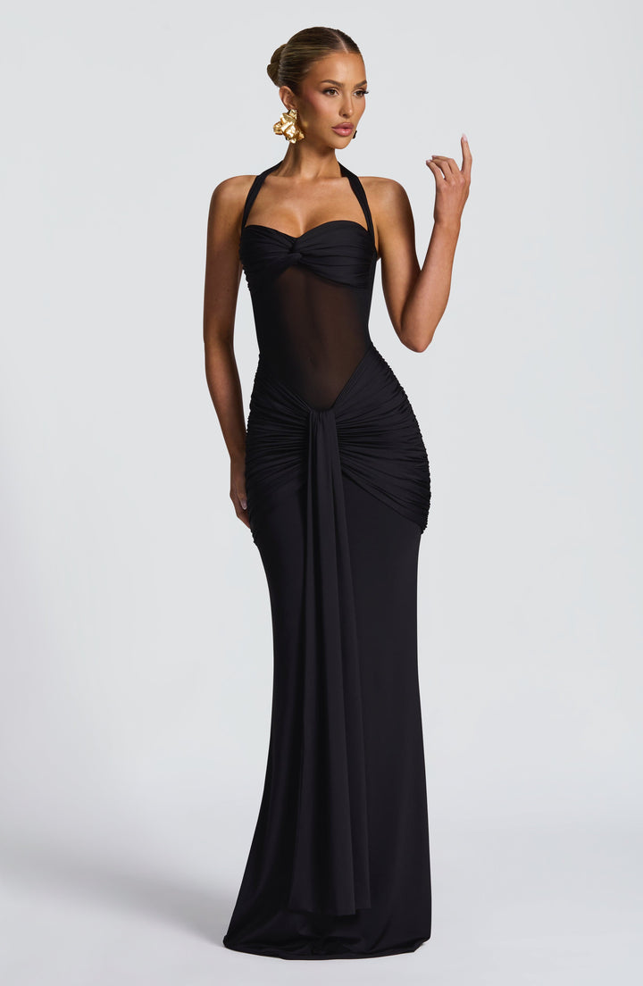 Women's Maxi Dress with Transparent Panel | Fitted with Draping and Neck Tie