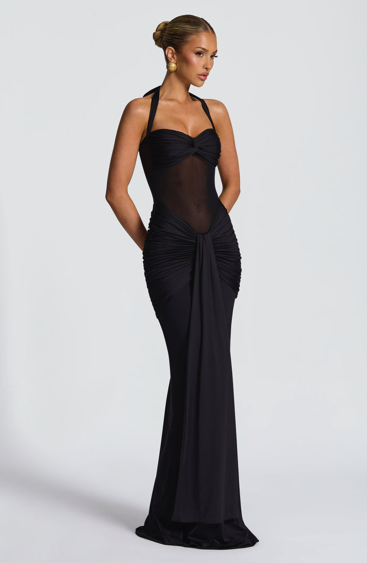 Women's Maxi Dress with Transparent Panel | Fitted with Draping and Neck Tie