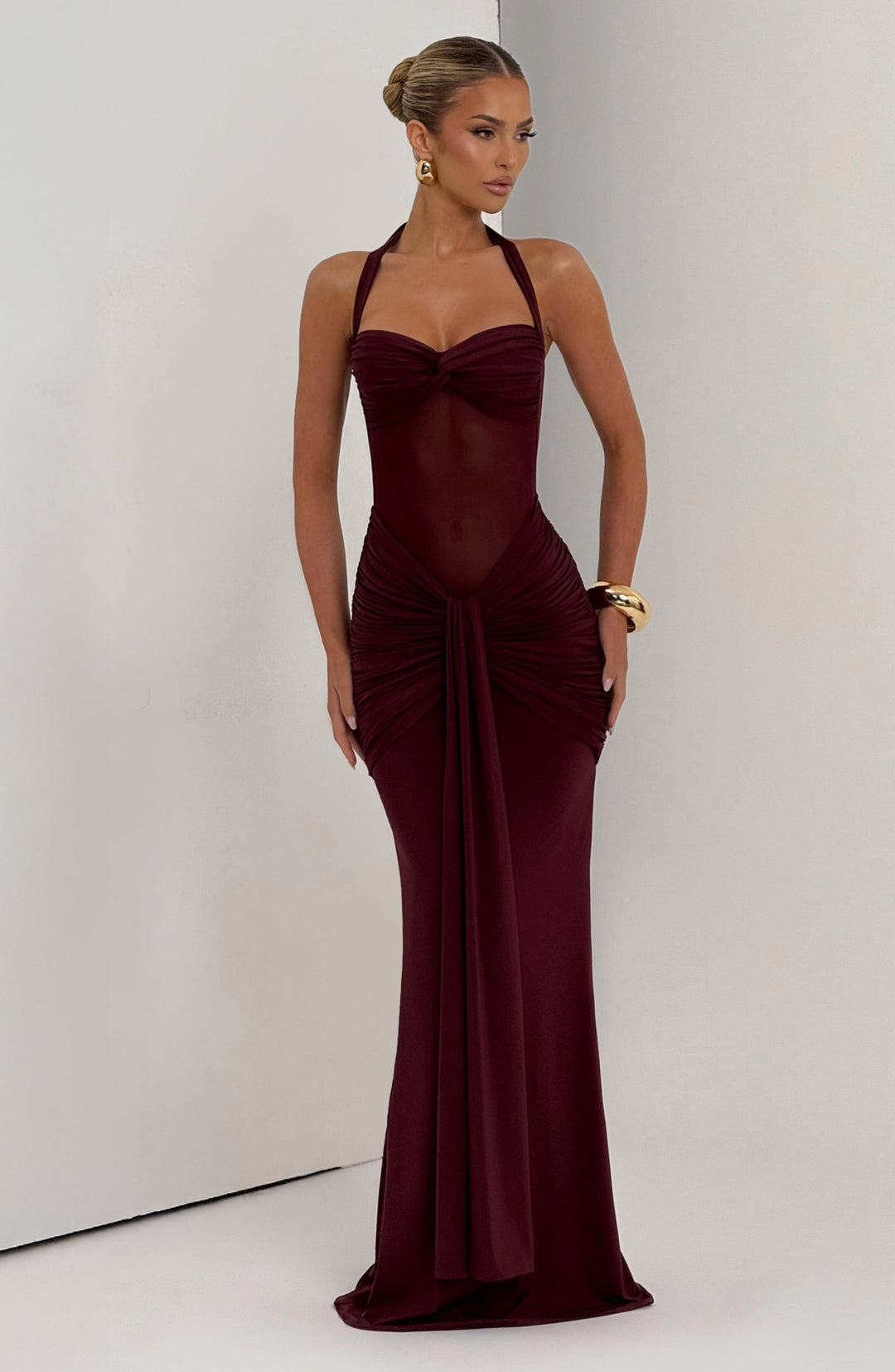 Women's Maxi Dress with Transparent Panel | Fitted with Draping and Neck Tie