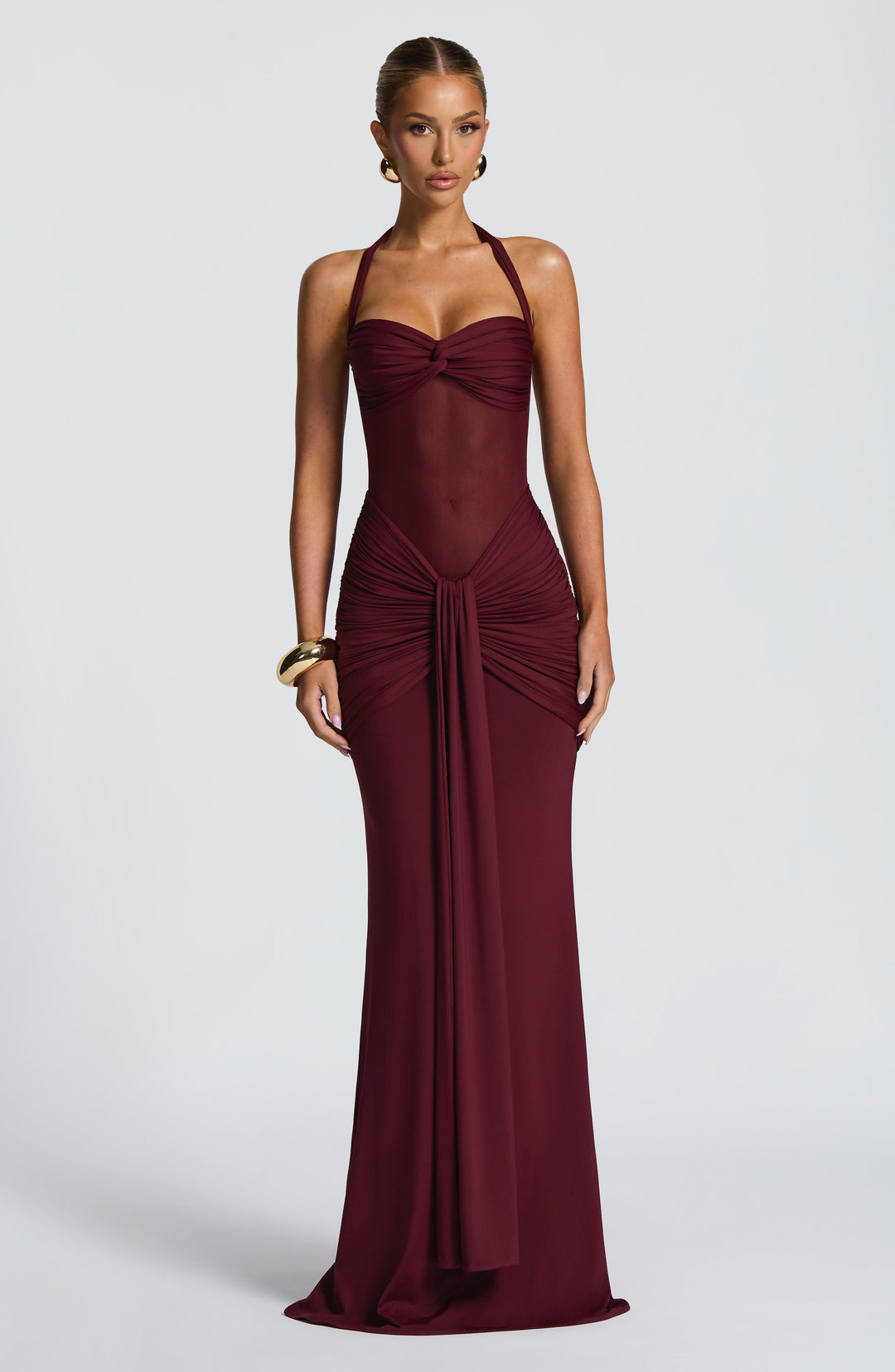 Women's Halter Ruched Draped Front Fitted Dress | Maxi