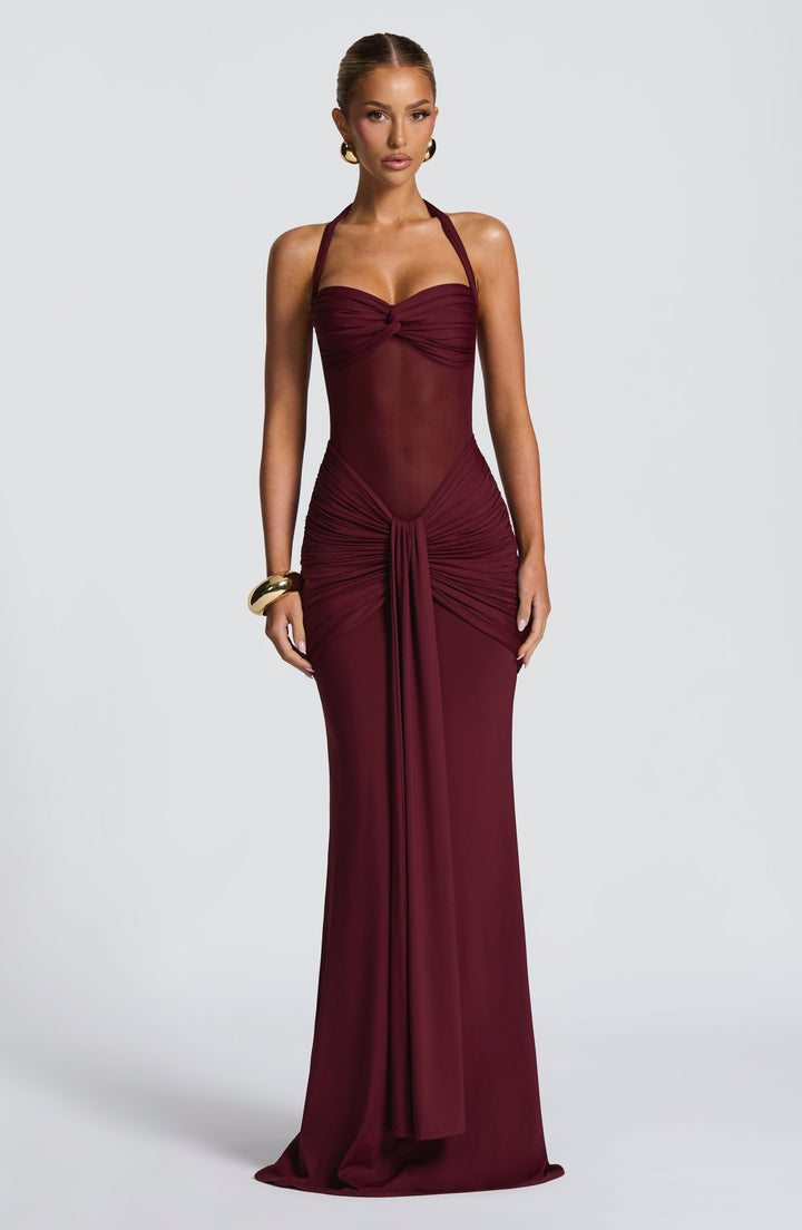 Women's Halter Ruched Draped Front Fitted Dress | Maxi