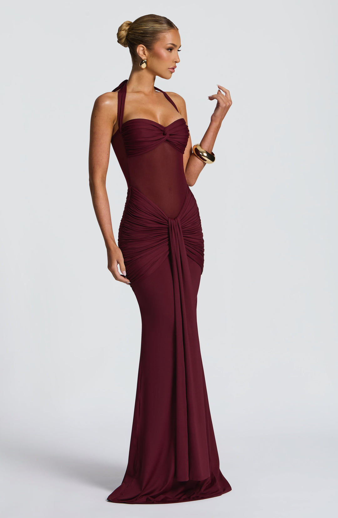 Women's Maxi Dress with Transparent Panel | Fitted with Draping and Neck Tie