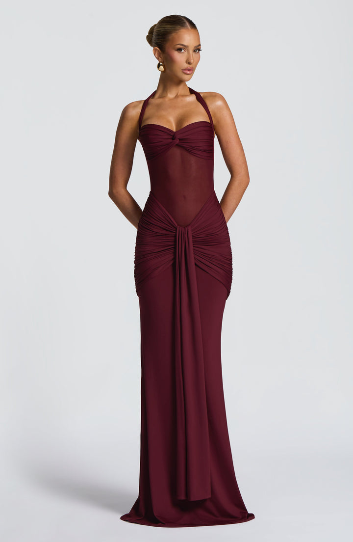 Women's Maxi Dress with Transparent Panel | Fitted with Draping and Neck Tie