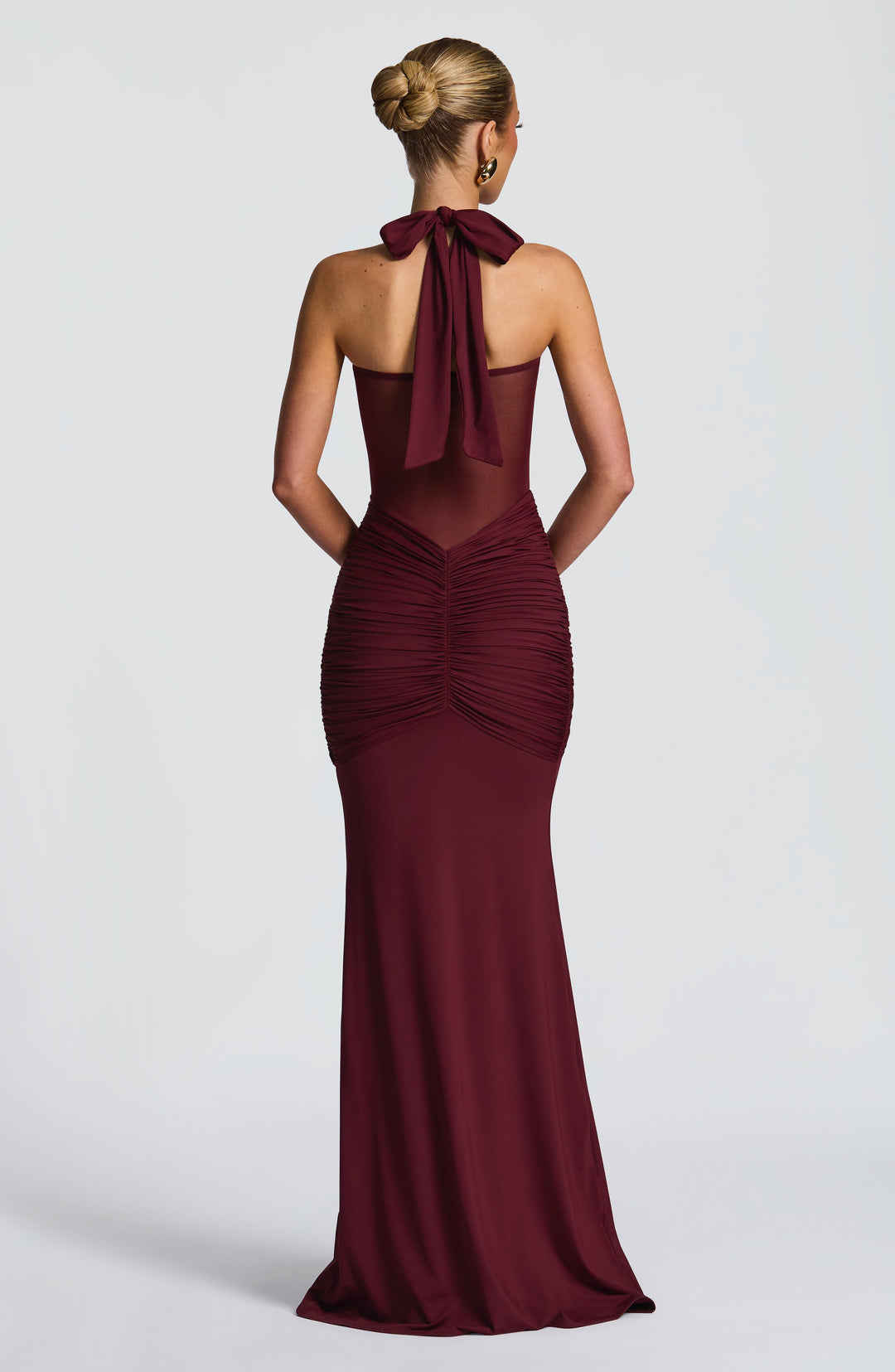 Women's Maxi Dress with Transparent Panel | Fitted with Draping and Neck Tie