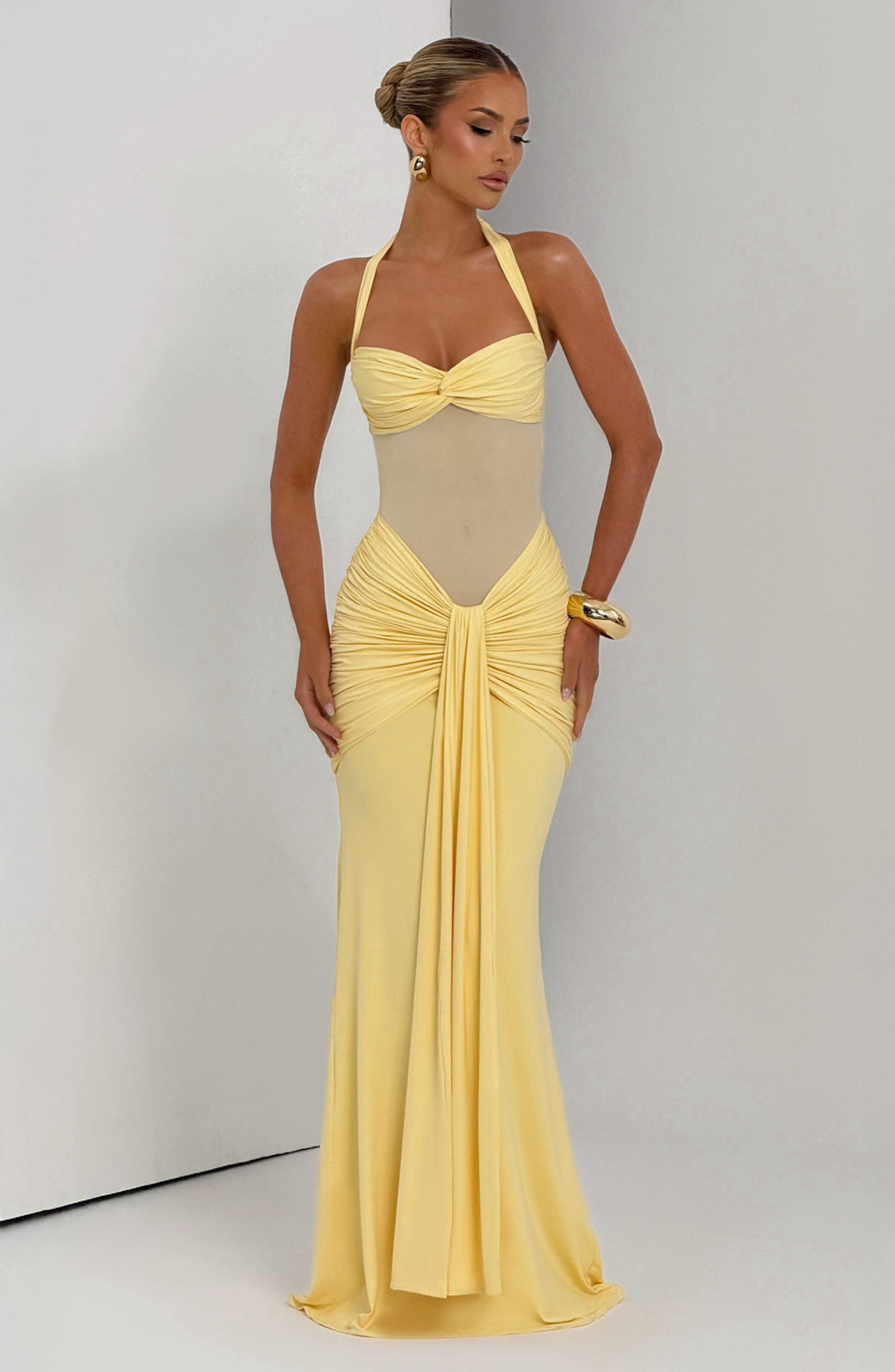 Women's Halter Ruched Draped Front Fitted Dress | Maxi