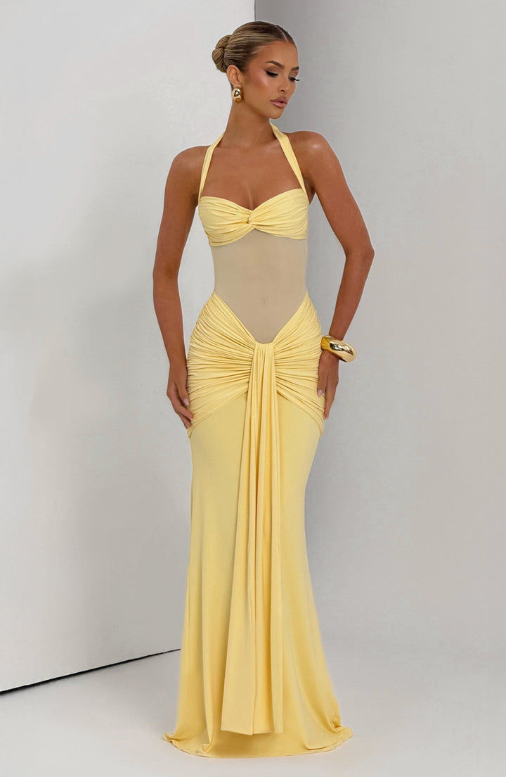 Women's Halter Ruched Draped Front Fitted Dress | Maxi