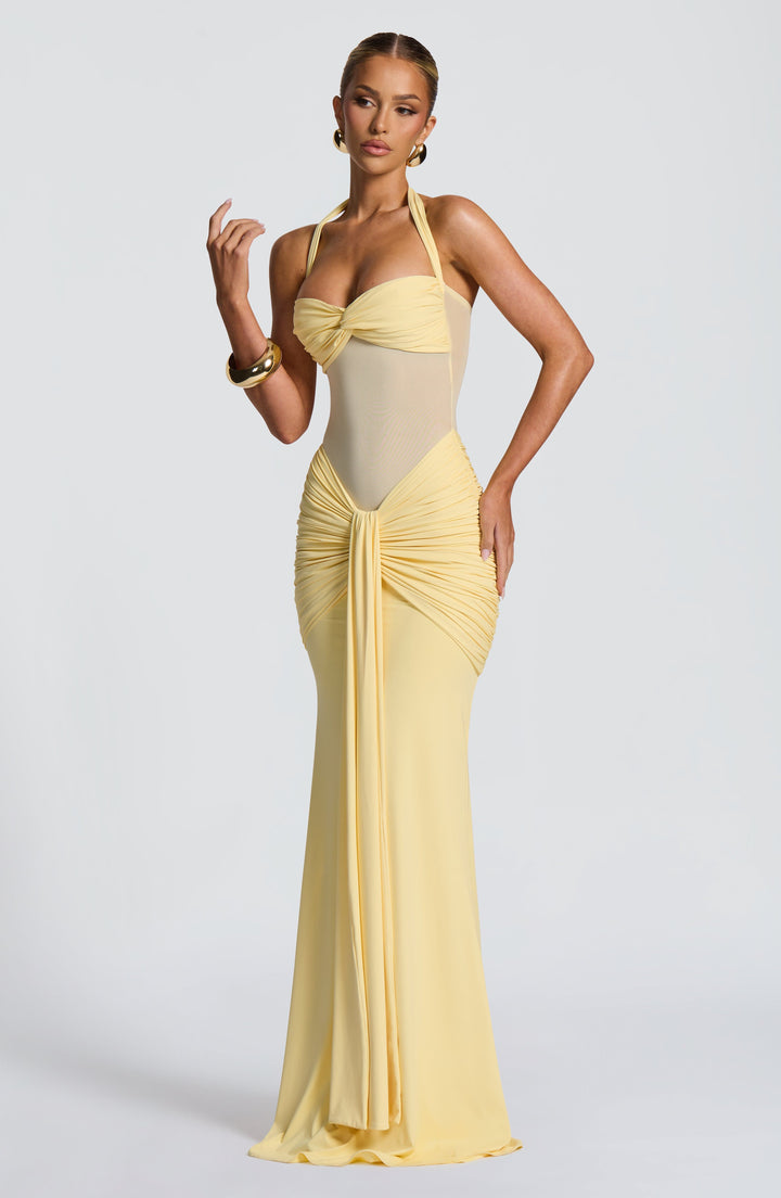 Women's Maxi Dress with Transparent Panel | Fitted with Draping and Neck Tie