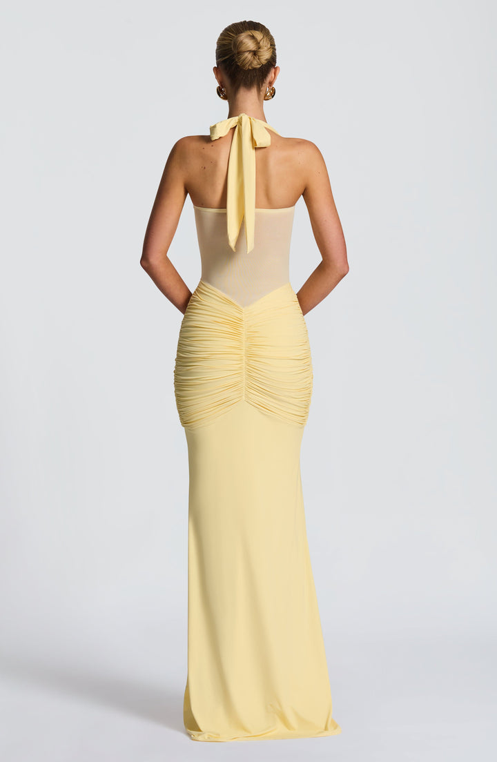 Women's Maxi Dress with Transparent Panel | Fitted with Draping and Neck Tie