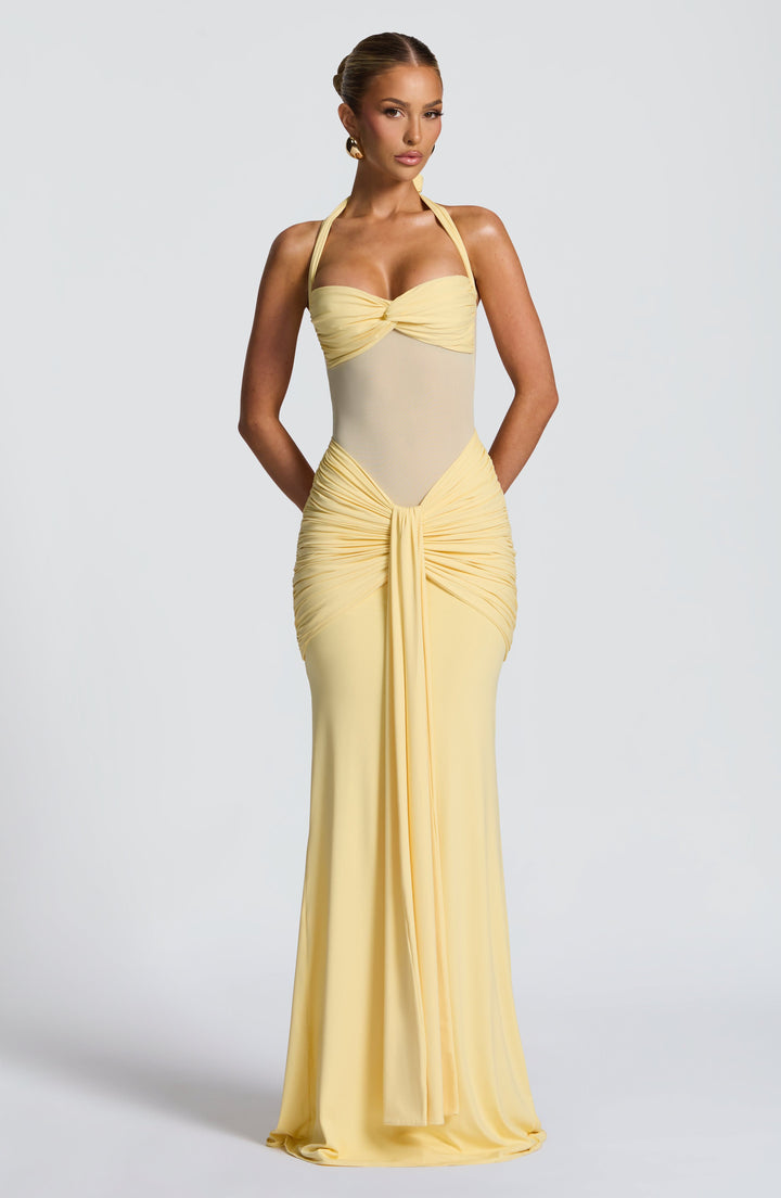 Women's Maxi Dress with Transparent Panel | Fitted with Draping and Neck Tie