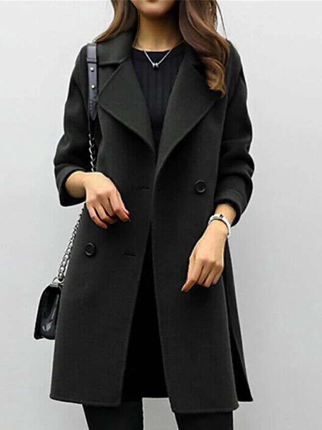Women's Double-Breasted Coat with Long Sleeves | Midi Length