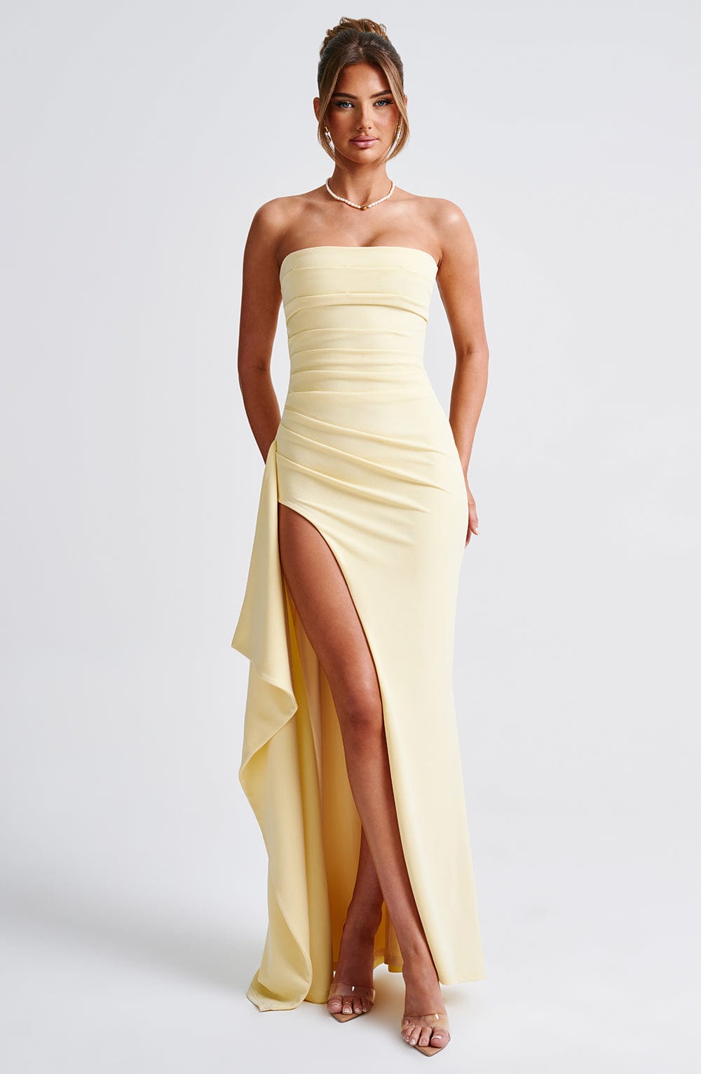 Women's Strapless High Slit Asymmetric Draped Maxi Dress