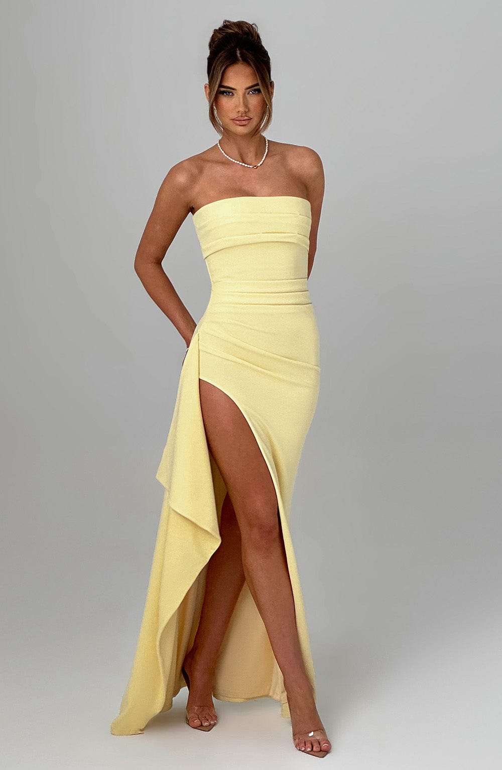 Women's Strapless High Slit Asymmetric Draped Maxi Dress